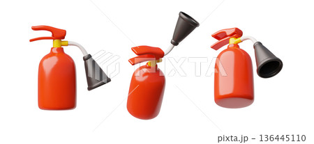 Red fire extinguisher 3D icons vector set, carbon dioxide fire extinguisher with nozzle, portable emergency equipment Red fire extinguisher 3D icons vector set, carbon dioxide fire extinguisher with nozzle, portable emergency equipment 136445110