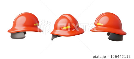 Red firefighter's helmet 3D cartoon icons vector set, fireman rescuer helmet, firefighter gear for protection and safety Red firefighter's helmet 3D cartoon icons vector set, fireman rescuer helmet, firefighter gear for protection and safety 136445112