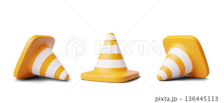 Traffic cone barrier 3D icons vector set, orange with white stripes road traffic cone, caution sign, emergency element 136445113