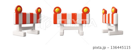 3D road barrier set from different sides, with red and white stripes and yellow warning lights. 136445115