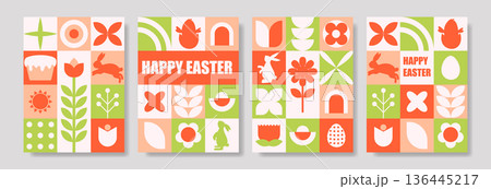 Festive display with eggs and bunnies. Vibrant seasonal setup showcasing springtime symbols 136445217