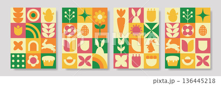 Combo of colorful spring greeting cards with unified geometric themes for retail showcases 136445218