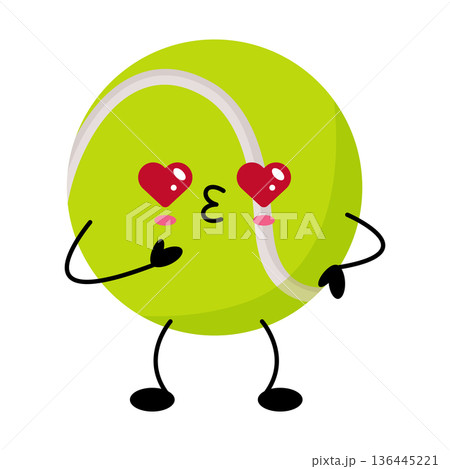 Vivid emoji sticker featuring lively tennis ball with tiny arms and blushing cheeks 136445221
