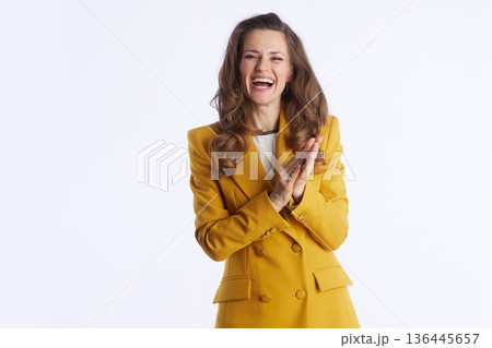 Joyful Businesswoman Enthusiastically Clapping 136445657