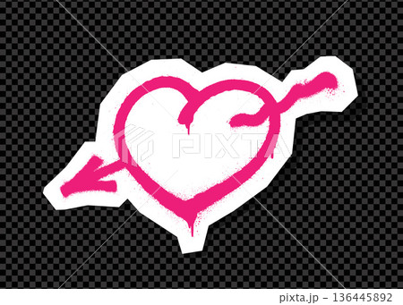 Pink spray-painted heart on white paper cutout with transparent background. 136445892