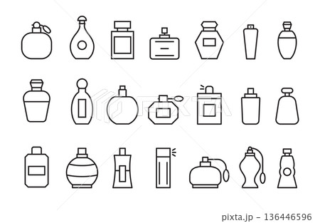 Fragrance perfume bottle line icon set, Outline scent parfum bottle container cosmetic beauty jar Fragrance perfume bottle line icon set, Outline scent parfum bottle container cosmetic beauty jar 136446596
