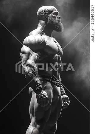 Muscle bound bodybuilder posing confidently during competition event in outdoor venue 136446617
