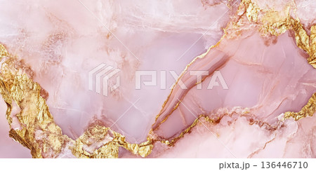 Shimmering rose quartz pink with golden veins, luxurious natural stone texture 136446710