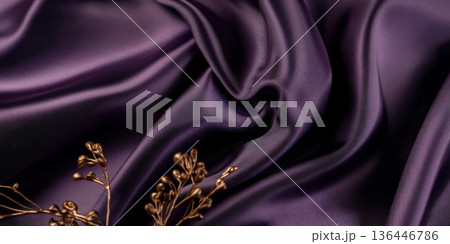 Royal purple satin with delicate golden accents, softly draped fabric, elegant and exclusive luxury atmosphere 136446786