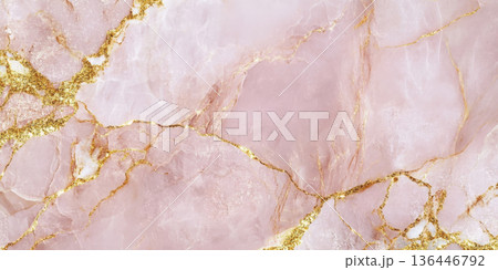 Shimmering rose quartz pink with golden veins, luxurious natural stone texture 136446792