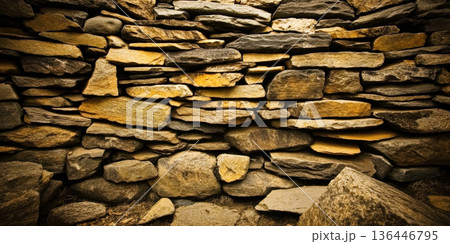 Dry stacked stone wall background with neatly arranged slate in various earthy shades. Dry stacked stone wall background with neatly arranged slate in various earthy shades. 136446795