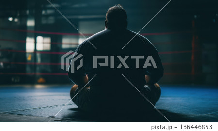 Silhouette of sumo wrestler sitting in training ring, traditional Japanese sumo practice, strength and concentration Silhouette of sumo wrestler sitting in training ring, traditional Japanese sumo practice, strength and concentration 136446853