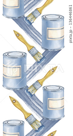 Vertical seamless border with paint cans, brushes and stripes of blue paint on an isolated background. Watercolor illustration with working tools. Realistic drawing for wallpaper, packaging and 136446861
