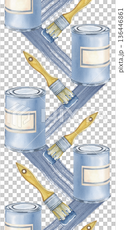 Vertical seamless border with paint cans, brushes and stripes of blue paint on an isolated background. Watercolor illustration with working tools. Realistic drawing for wallpaper, packaging and 136446861