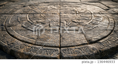 Ancient temple stone background with intricate carvings on weathered stone slabs. 136446933