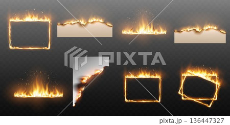 Burning fire frames and paper edges with realistic flames 136447327