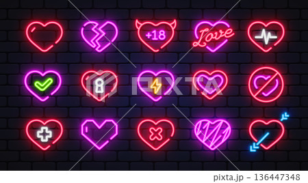 Neon vector set of heart icons on dark brick background, including love, heartbeat, broken heart, medical cross and arrows. Perfect for romantic themes, UI elements and nightlife designs. Neon vector set of heart icons on dark brick background, including love, heartbeat, broken heart, medical cross and arrows. Perfect for romantic themes, UI elements and nightlife designs. 136447348