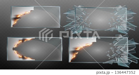 Glass banners breaking and paper burning design set 136447352