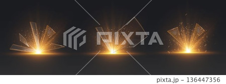 Shattered glass breaking with golden light explosion 136447356