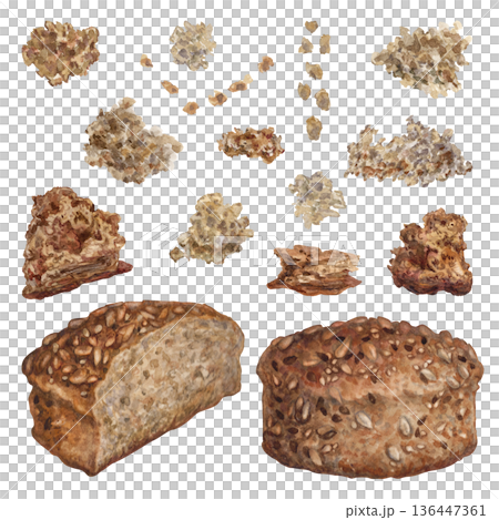 Set of whole-grain, rustic, freshly baked round loaves with chunks and crumbs. Watercolor illustration of warm neutral colors for food blogs, bakery websites, interior design, farm-to-table restaurant Set of whole-grain, rustic, freshly baked round loaves with chunks and crumbs. Watercolor illustration of warm neutral colors for food blogs, bakery websites, interior design, farm-to-table restaurant 136447361