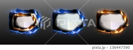 Burnt paper frames with smoldering embers and flames in various colors 136447390