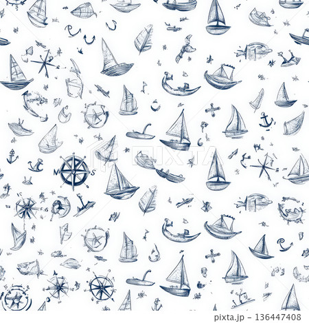 A nautical-themed doodle pattern with tiny sailboats, compasses, and anchor sketches, giving it a relaxed and free-spirited ocean adventure feel. A nautical-themed doodle pattern with tiny sailboats, compasses, and anchor sketches, giving it a relaxed and free-spirited ocean adventure feel. 136447408