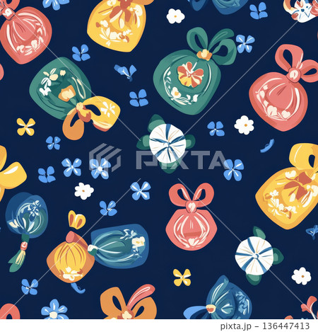 A seamless Korean Seollal pattern with silk pouches (bokjumeoni), lucky knots, and hanbok designs 136447413