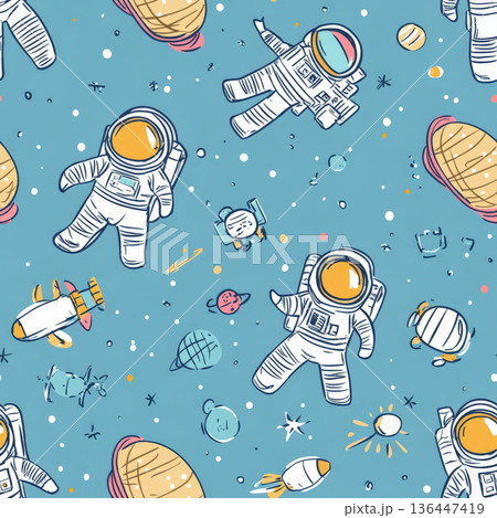A playful astronaut-themed doodle pattern with floating space suits and satellites A playful astronaut-themed doodle pattern with floating space suits and satellites 136447419