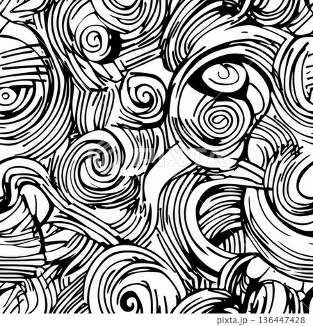 A chaotic doodle pattern of overlapping curved lines, spirals, and circular scribbles A chaotic doodle pattern of overlapping curved lines, spirals, and circular scribbles 136447428