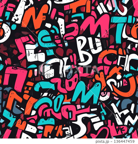A doodle-style graffiti pattern with bold, exaggerated hand-drawn letters and symbols 136447459