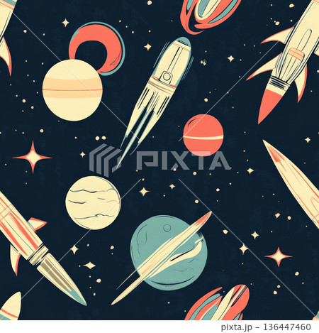 A vintage space pattern featuring classic sci-fi rocket ships and glowing planets. A vintage space pattern featuring classic sci-fi rocket ships and glowing planets. 136447460