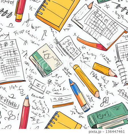 A school-themed doodle pattern with hand-drawn notebooks, pencils, and tiny doodled math equations, resembling the classic scribbles found in a students notebook. 136447461