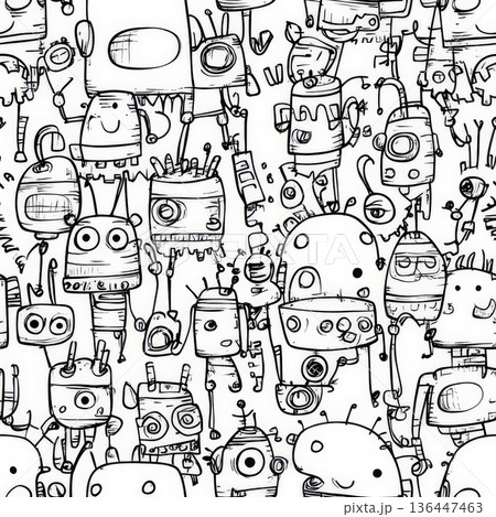A seamless doodle pattern of tiny, sketchy robots with big round eyes, gears, and antennae, each drawn with quirky and uneven lines, making them feel playful and fun. A seamless doodle pattern of tiny, sketchy robots with big round eyes, gears, and antennae, each drawn with quirky and uneven lines, making them feel playful and fun. 136447463