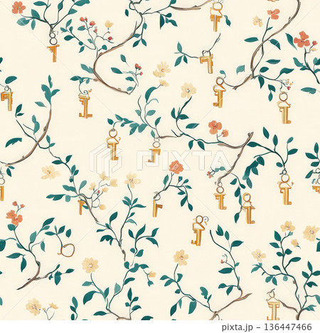 A whimsical floral vine pattern twisting around tiny golden keys. 136447466