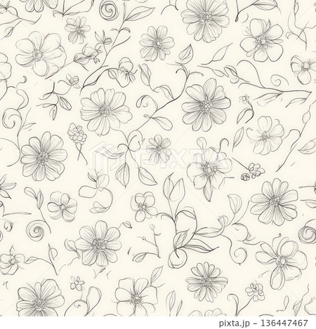 A seamless floral doodle pattern featuring hand-drawn daisies, roses, and swirling vines. Some flowers are simple outlines, while others have delicate sketchy details, creating a playful yet elegant A seamless floral doodle pattern featuring hand-drawn daisies, roses, and swirling vines. Some flowers are simple outlines, while others have delicate sketchy details, creating a playful yet elegant 136447467