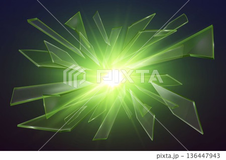 Shattered green glass exploding with brilliant energy light 136447943