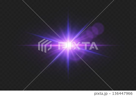 Purple glowing lens flare starburst effect transparent background 136447966