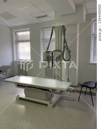 Modern Overhead Xray System With Examination Table In Clinic. Diagnostic Imaging Technology For Radiology Procedures. 136448000