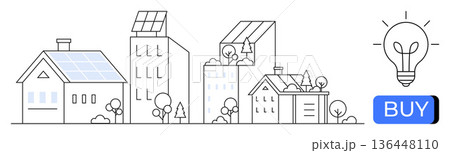 Renewable energy, green technology, smart homes, sustainable living, eco-friendly products, innovation. Modern homes and buildings with solar panels and a buy button. Renewable energy and green Renewable energy, green technology, smart homes, sustainable living, eco-friendly products, innovation. Modern homes and buildings with solar panels and a buy button. Renewable energy and green 136448110