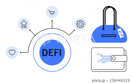 Fintech, blockchain transactions, decentralized banking, online shopping, innovation, e-commerce. DEFI in a central node with financial icons, wallet and shopping bag. Fintech and blockchain Fintech, blockchain transactions, decentralized banking, online shopping, innovation, e-commerce. DEFI in a central node with financial icons, wallet and shopping bag. Fintech and blockchain 136448119