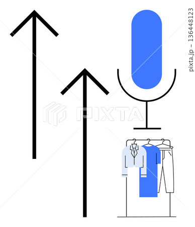 Content creation, e-commerce, podcasting, online shopping, communication, branding. A microphone, upward arrows and clothing rack with garments. Content creation and e-commerce concept 136448123
