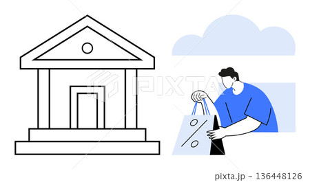 Finance, retail, e-commerce, online banking, savings, consumer activity. Bank building outline and person holding a shopping bag with a discount symbol. Finance and retail connection concept 136448126