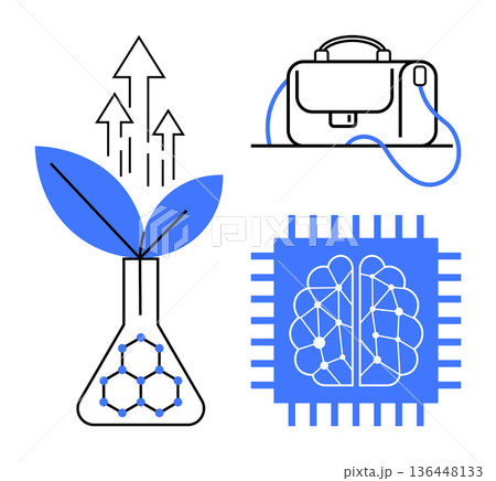 Sustainability, technology progress, AI innovation, green energy, business solutions, tech development. Leaf growth from a flask, chip with brain briefcase. Sustainability and technology progress 136448133