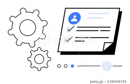 Identity management, authentication, workflow, user profiles, data organization, process optimization. Graphic of gears alongside a checklist and profile card. Identity management and authentication Identity management, authentication, workflow, user profiles, data organization, process optimization. Graphic of gears alongside a checklist and profile card. Identity management and authentication 136448191
