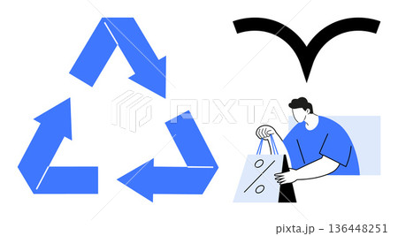 Sustainability, recycling, eco-friendly initiatives, shopping discounts, minimalism, modern design. Blue recycling symbol, person holding shopping bags with a percent sign, black decorative wings 136448251
