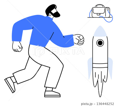 Startup growth, innovation, business success, entrepreneurship, technology, progress. A man is walking purposefully, a rocket is launching and a bag lies nearby. Startup growth and innovation Startup growth, innovation, business success, entrepreneurship, technology, progress. A man is walking purposefully, a rocket is launching and a bag lies nearby. Startup growth and innovation 136448252