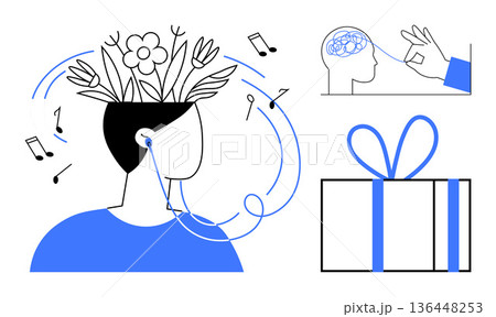 Music therapy, mental health, creativity, neuroscience, mindfulness, gift ideas. A person with a floral head wearing earphones, brain illustration and a gift box. Music therapy and mental health ion Music therapy, mental health, creativity, neuroscience, mindfulness, gift ideas. A person with a floral head wearing earphones, brain illustration and a gift box. Music therapy and mental health ion 136448253