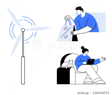 Sustainability, ecommerce, renewable energy, environmental awareness, modern technology, lifestyle. Wind turbine, man with shopping bag woman using tablet. Sustainability and ecommerce Sustainability, ecommerce, renewable energy, environmental awareness, modern technology, lifestyle. Wind turbine, man with shopping bag woman using tablet. Sustainability and ecommerce 136448255