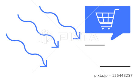 Digital commerce, online shopping, marketing funnel, purchase conversion, e-commerce strategy, customer acquisition. Blue arrows pointing to a shopping cart icon. Digital commerce and online shopping Digital commerce, online shopping, marketing funnel, purchase conversion, e-commerce strategy, customer acquisition. Blue arrows pointing to a shopping cart icon. Digital commerce and online shopping 136448257