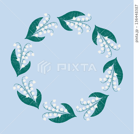 White lily of the Valley Wreath May Flowers. Spring Floral Frame Crayon Textured Hand-drawn. Vector illustration 136448387